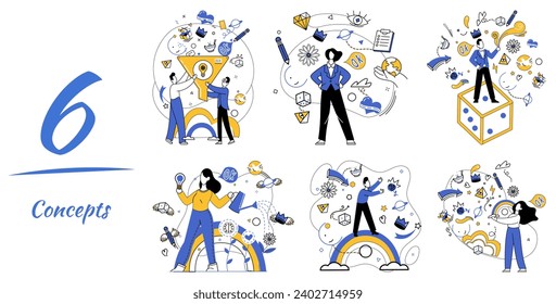 Ilustración vectorial de innovación de servicios. La eficiencia es la brújula que asegura que las empresas sigan su curso en innovación de viajes Los avances son claves que desbloquean las puertas a nuevos horizontes en la exploración de negocios