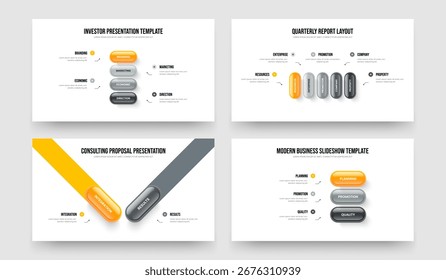 Service Insight Four Five Two Three Step Diagram Presentation Layout Vetor Illustration Set (Conjunto de ilustrações de vetor de layout de apresentação de diagramas de três etapas). Visão geral do produto 4 5 2 3 Opção Infográfico Slideshow Design Collection.