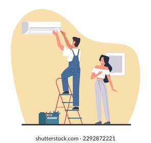 Service for installation and maintenance of air conditioners, woman customer satisfied with quality of work. Professional repairman on ladder, cartoon flat style isolated vector concept