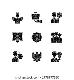 Service with integrity black glyph icons set on white space. Humility, service integrity. Business transparency. Financial focus, company goal. Silhouette symbols. Vector isolated illustration