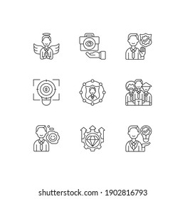 Service with integrity linear icons set. Business transparency. Financial focus, company goal. Customizable thin line contour symbols. Isolated vector outline illustrations. Editable stroke