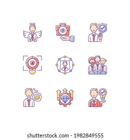 Service with integrity RGB color icons set. Humility, service integrity. Business transparency. Financial focus, company goal. Core corporate culture. Isolated vector illustrations