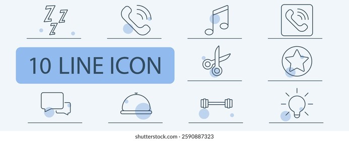 Service and interaction set icon. Sleep, incoming call, music, phone app, scissors, star rating, chat, service bell, dumbbell, idea.