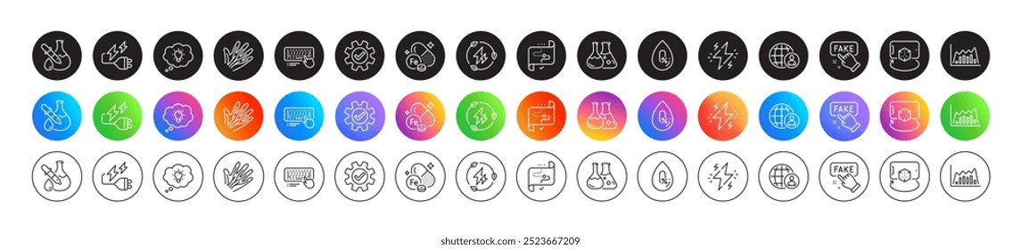 Servicio, reclutamiento internacional e iconos de línea de información falsa. Botones de degradado de iconos redondos. Paquete de hierro, experimento de química, icono de laboratorio de química. Vector