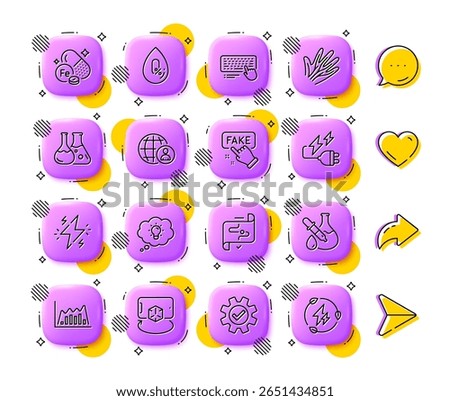 Service, International recruitment and Fake information line icons. App 3d buttons. Social media comment, share, like icons. Pack of Iron, Chemistry experiment, Chemistry lab icon. Vector