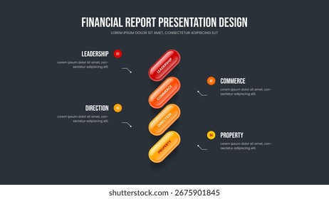 Introdução ao serviço 4 Elemento Infográfico Slide Design. Ilustração do vetor de modelo de apresentação de slides da apresentação de consultoria. Layout da apresentação do diagrama de quatro etapas do relatório profissional.