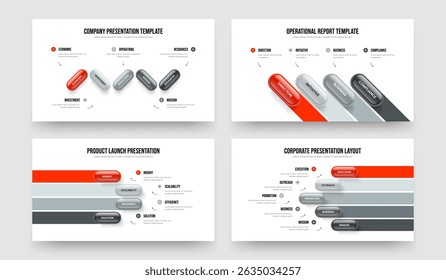 Service Introduction 5 4 4 5 Option Infographic Presentation Layout Set. Product Performance Five Four Four Five Element Diagram Slideshow Template Vector Illustration Collection.