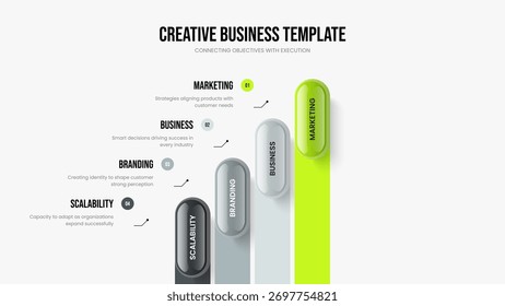 Service Introduction Four Option Infographic Slideshow Template. Business Solution Slide Design Vector Illustration. Product Visualization 4 Step Diagram Presentation Layout.
