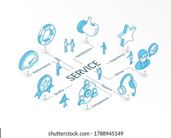 Service isometric concept. Connected line 3d icon. Integrated infographic system. People teamwork. Support, Experience, Advice and Help symbol. Performance, Quality, Competence, Satisfaction pictogram