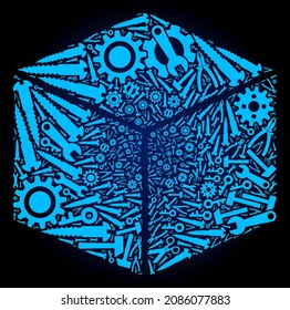 Service isometric cube collage of service tools on a dark blue gradient background. Vector isometric cube is made of blue cogs, wrenches, and other instruments, and based on isometric cube icon.