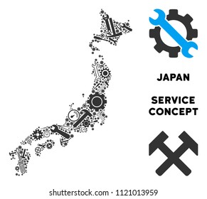 Service Japan map collage of tools. Abstract geographic plan in grey color. Vector Japan map is shaped of gear wheels, screwdrivers and other mechanical items. Concept of technical work.
