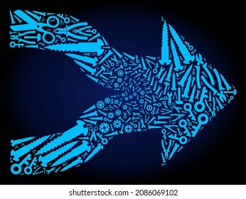 Service join arrows composition of tools on a dark blue gradient background. Vector join arrows is composed with blue gear wheels, spanners, and other tools, and based on join arrows icon.