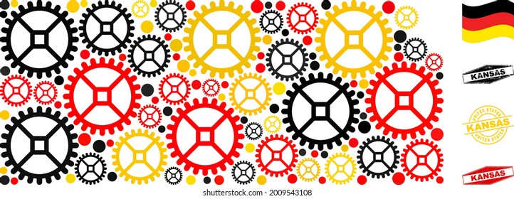 Collage y sellos de mapas del estado de Kansas de servicio. El collage de vectores se forma con artículos industriales de diferentes tamaños, y Alemania marca colores oficiales - rojo, amarillo, negro.