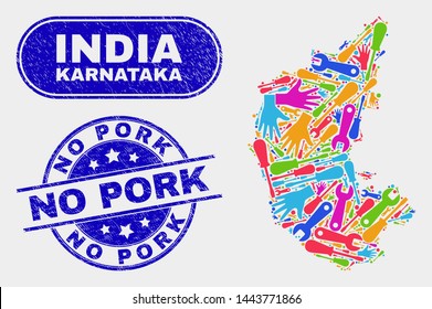 Service Karnataka State map and blue No Pork scratched seal stamp. Colorful vector Karnataka State map mosaic of service units. Blue round No Pork badge.