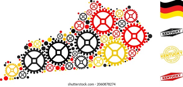 Service Kentucky State map collage and stamps. Vector collage formed with wheel icons in various sizes, and Germany flag official colors - red, yellow, black.