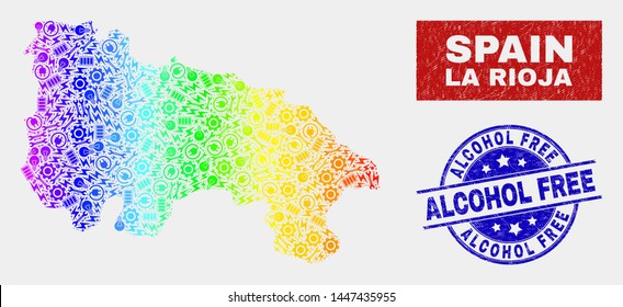 Service La Rioja of Spain map and blue Alcohol Free textured seal stamp. Colorful gradiented vector La Rioja of Spain map mosaic of repair units. Blue round Alcohol Free stamp.