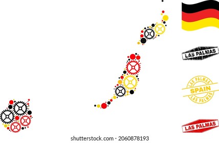 Service Las Palmas Province map collage and stamps. Vector collage is composed with industrial items in variable sizes, and Germany flag official colors - red, yellow, black.