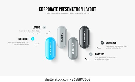 Service Launch 4 Element Infographic Slideshow Layout. Sales Analysis Slide Template Vector Illustration. Consulting Strategy Four Option Diagram Presentation Design.