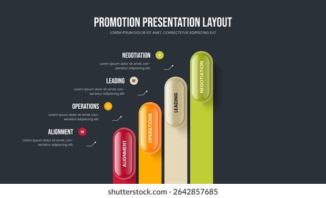 Service Launch Four Element Diagram Presentation Template. Modern Development 4 Step Infographic Slide Layout. Marketing Forecast Frame Design Vector Illustration.