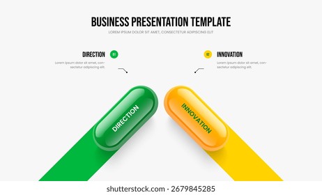 Rahmenvorlage für zweistufigen Diagrammstart. Vektorgrafik des Foliendesigns mit kreativer Überprüfung. Produktstrategie 2 Element Infografik Präsentationslayout.