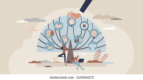 Service learning as education and community needs mix tiny person concept. Combination with classical academical theory based knowledge and experimental volunteer experience job vector illustration.