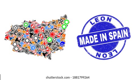 Service Leon Province map mosaic and MADE IN textured seal. Leon Province map mosaic designed with wrenches, gearwheels,screwdrivers,elements,vehicles,electricity sparks,rockets.