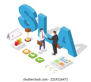 Service level agreement vector. Businessman partner handshaking making deal 3d isometric illustration. SLA management. Keyword abbreviation and businesspeople partnership