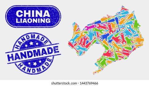 Service Liaoning Province map and blue Handmade textured stamp. Colorful vector Liaoning Province map mosaic of repair items. Blue round Handmade stamp.
