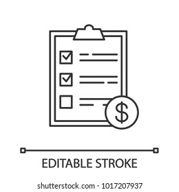 Service list with dollar sign linear icon. Business document. Thin line illustration. Invoice. Contour symbol. Vector isolated outline drawing. Editable stroke