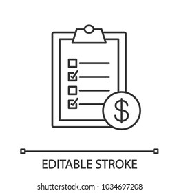 Service list with dollar sign linear icon. Invoice. Thin line illustration. Business document. Contour symbol. Vector isolated outline drawing. Editable stroke