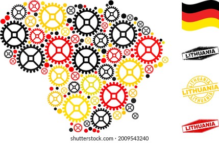 Service Lithuania map collage and seals. Vector collage formed from repair workshop items in various sizes, and German flag official colors - red, yellow, black.