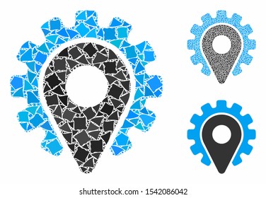 Service location composition of uneven elements in variable sizes and shades, based on service location icon. Vector uneven items are grouped into collage.