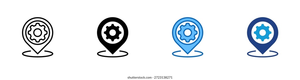 Service Location Multiple Style Icon Design Vector - Positionsstift mit einem Zahnrad im Inneren, symbolisiert Service-Bereich, Standort des technischen Supports oder Arbeitsbereich