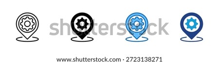Service Location Multiple Style Icon Design Vector - location pin with a gear inside, symbolizing service area, technical support location, or operations zone