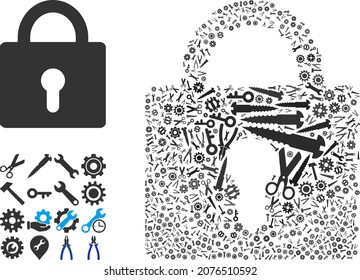 Service lock mosaic of service tools. Vector lock is made from cogs, wrenches, and other tools, and based on lock icon. Concept of technical service.