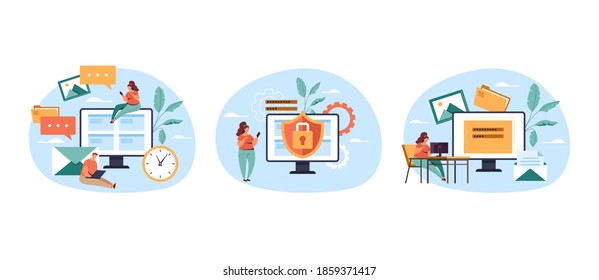 Service login password safety access concept. Vector flat graphic design illustration set