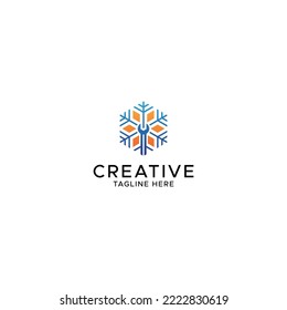 Service logo of Air conditioning logo. hexagonal design. snowflake, sun and key service logo design, combination logo of snowflake and sun, blue and orange, hexagon vector design.