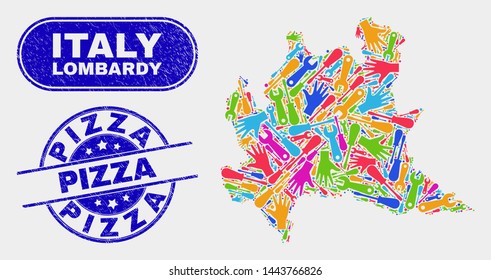 Service Lombardy region map and blue Pizza distress seal stamp. Bright vector Lombardy region map mosaic of industrial. Blue rounded Pizza stamp.
