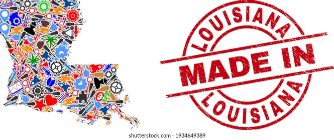 Service Louisiana State map mosaic and MADE IN scratched rubber stamp. Louisiana State map abstraction composed with spanners, wheels, tools, aircrafts, cars, electric strikes, helmets.