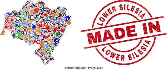 Service Lower Silesia Province map mosaic and MADE IN distress rubber stamp. Lower Silesia Province map abstraction created with spanners, wheels, screwdrivers, aircrafts, transports, power bolts,