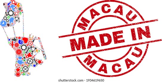 Dar servicio al mosaico de mapas de Macau y sello de goma de color gris MADE IN. Mosaico de mapa de Macao creado a partir de spanners, cogs, herramientas, aviones, transportes, pernos eléctricos, detalles.