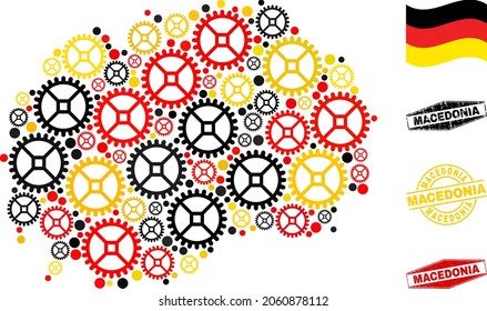 Service Macedonia map mosaic and seals. Vector collage is composed of repair service elements in various sizes, and German flag official colors - red, yellow, black.