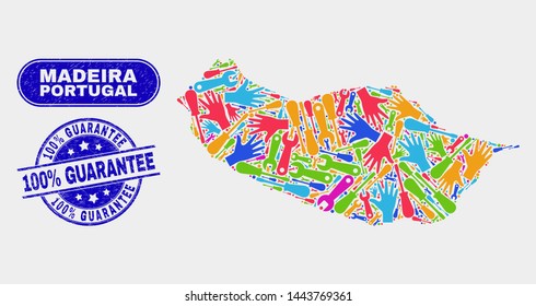 Service Madeira map and blue 100% Guarantee distress seal stamp. Colored vector Madeira map mosaic of repair elements. Blue round 100% Guarantee seal.