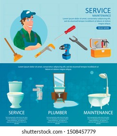 Service Maintenance Flat Cartoon Banner Vector Illustration. Man in Uniform with Cap Ready to Fix Problems with Water System. Plumber with Screwdriver, Driil, Plunger. Demaged Tubes in Sink.