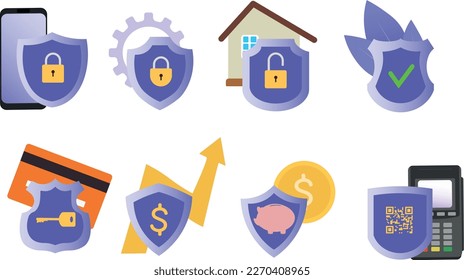 Service maintenance home protection, financial security. Vector collection of shields