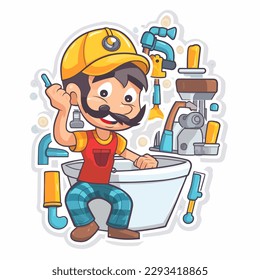 Service and maintenance of the house. A plumber repairs water pipes in a house. Hourly husband. Cartoon vector illustration. label, sticker, t-shirt printing