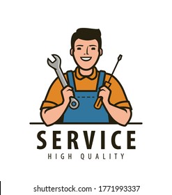 Service, maintenance logo. Technical specialist with tools vector illustration