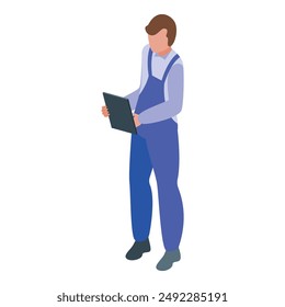 Service man in blue overalls is holding a tablet and seems to be checking something