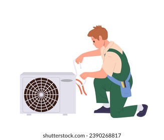 Caricatura del hombre de servicio reparando o instalando acondicionador de aire aislado en fondo blanco