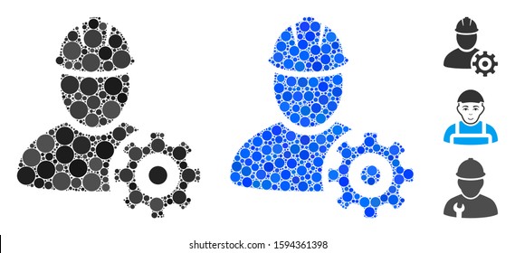 Service man composition of small circles in various sizes and color tints, based on service man icon. Vector small circles are combined into blue composition.